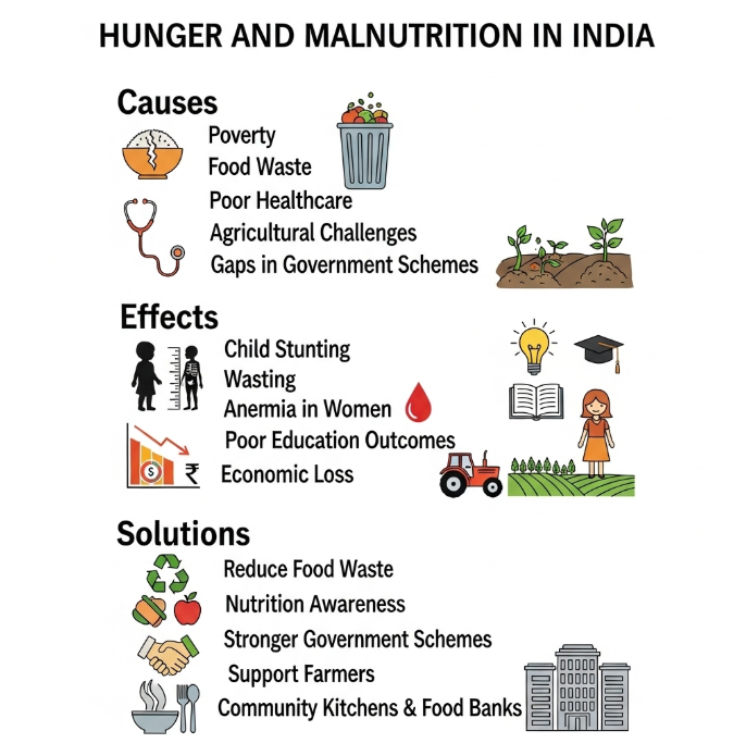 Infographic showing causes, effects, and solutions of hunger and malnutrition in India